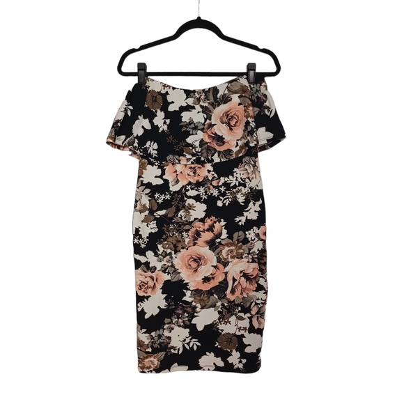 FOREVER 21 Pink White Floral Print Strapless Ruffle Overlay Bodycon Midi Dress M - Picture 4 of 9